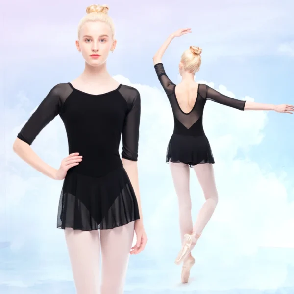 Women Ballet Leotard Dress Elastic Black Mesh Ballet Bodysuit Adult Ballet Leotard Gymnastics Leotard