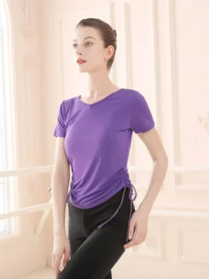 Ballet Tops Adult Ballet Drawstring Bandage Tops Modal Short Sleeve V Neck Tops Dance T-shirt Woman Dancewear Training Suit