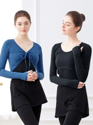 Woman Ballet Tops Drawstring Cotton Long Sleeve Dance Shirts Tops Woman Dancewear Training Tops Dance Costumes
