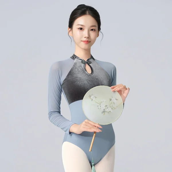 Woman Ballet Leotards Chinese Style Gymnastics Leotards Velvet Splice Long Sleeves Ballet Bodysuit Nylon Dancing Activewear