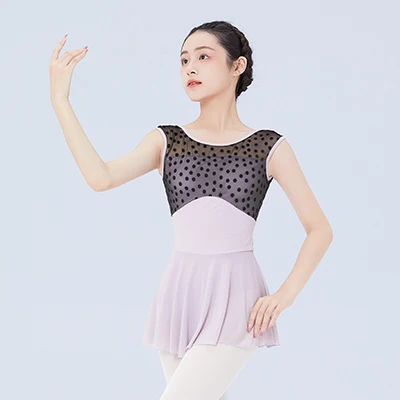 Ballet Leotards Dress Woman Gymnastics Dress Flocking Splice U Back Sleeveless Ballet Dress Adults Nylon Dancing Bodysuit