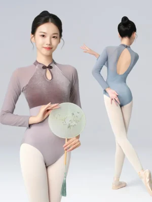 Woman Ballet Leotards Chinese Style Gymnastics Leotards Velvet Splice Long Sleeves Ballet Bodysuit Nylon Dancing Activewear