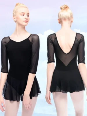 Women Ballet Leotard Dress Elastic Black Mesh Ballet Bodysuit Adult Ballet Leotard Gymnastics Leotard